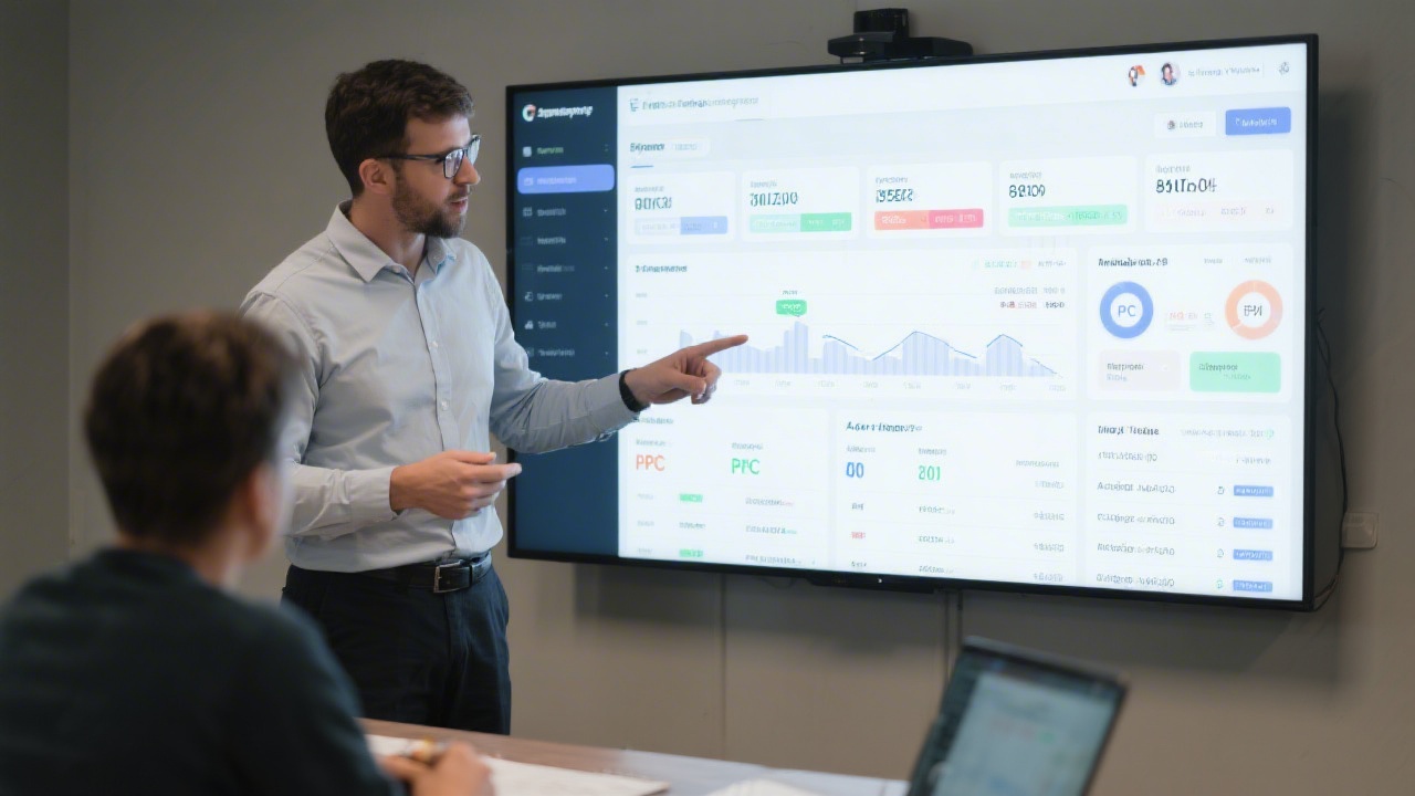 Instructor guiding a participant through PPC dashboards on a large screen, indicating structured training modules and practical learning for advertising platforms.